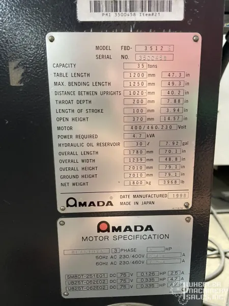 1998 AMADA FBD-3512E CNC Hydraulic Press Brake #8212 #2