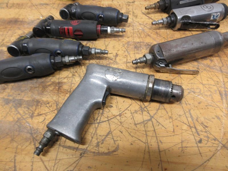 Pneumatic Power Tools, (3) 4.5" Palm Sanders, (4) 90 Deg Die Grinders, (3) Straight Die Grinders, (1) Drill with 3/8" Keyed Chuck- Auction Item
