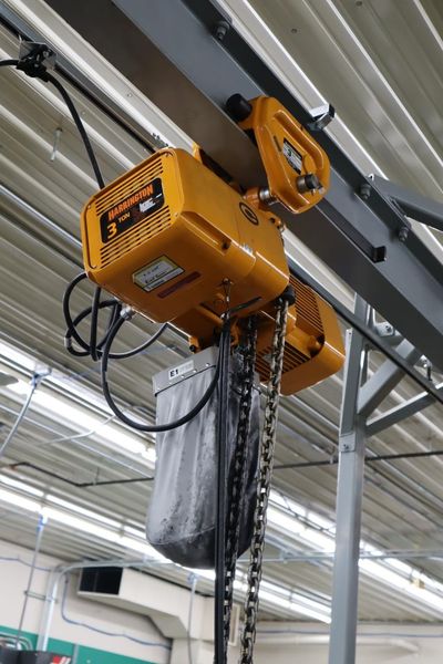 Heavy Duty Steel Mold Table with Overhead Hoist System, Harrington 3 Ton and 2Ton Electric Chain Hoists, I Beam, Trolleys- Auction Item