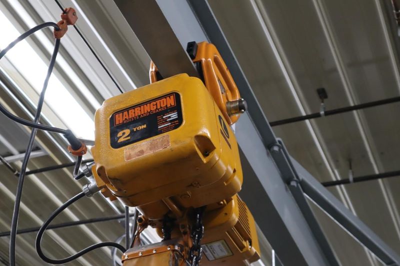 Overhead Hoist & Crane Specialists Heavy Duty Steel Mold Table with Overhead Hoist System, Harrington 2 Ton Electric Chain Hoist, I Beam, Trolley- Auction Item