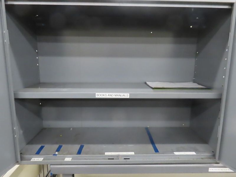 Wood Top Bench w Metal Frame (2) Door Equipto Cabinets w Lower Shelf and Contents- Auction Item