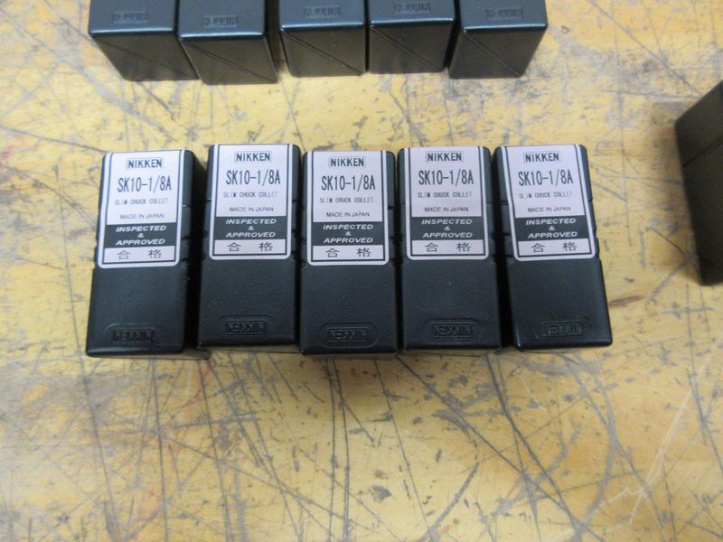 Nikken HSK32E Slim Chuck SK10 Collet Tool Holders (7 pcs), with (25) Various Size SK10 Collets, **Collets New In Packages**- Auction Item