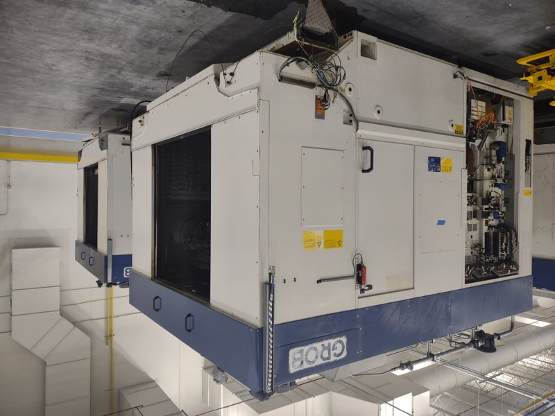 2 FOR SALE- 2013 Grob model G520A21KD 4 axis cnc universal machining centers, approx. 60,000 hours, dual HSK63 spindles, 18,000 rpm, 36 position atc, x,y,z,a axis, siemens 840d controls, 2 station pallet