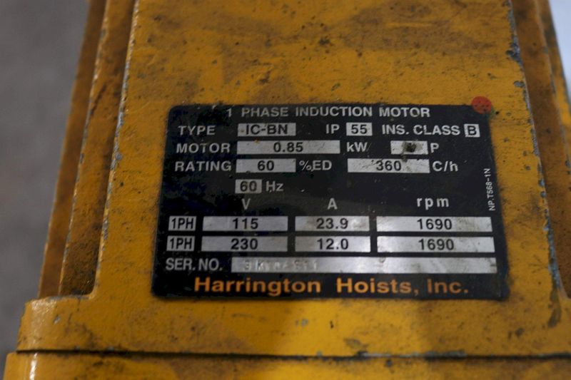 1 TON HARRINGTON SINGLE PHASE ELECTIC CHAIN HOIST: STOCK #69517