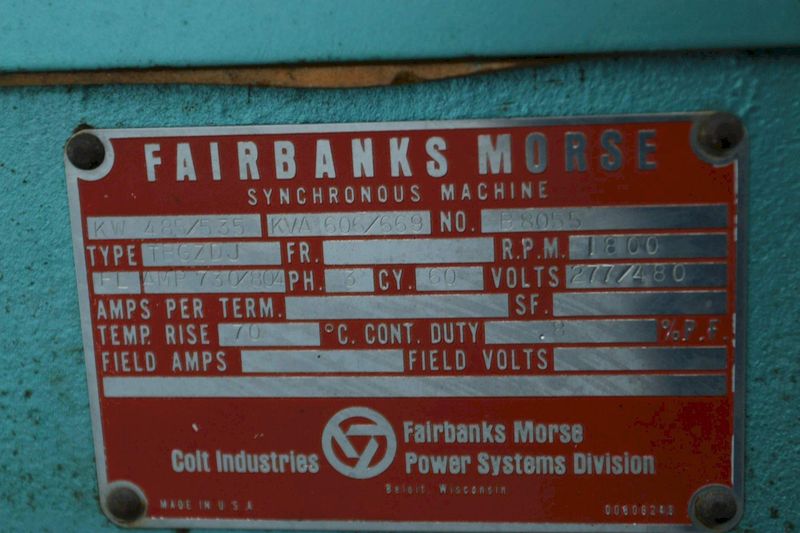 500 KW FAIRBANKS MORSE MODEL 500T-12V STAND BY DIESEL GENERATOR: STOCK