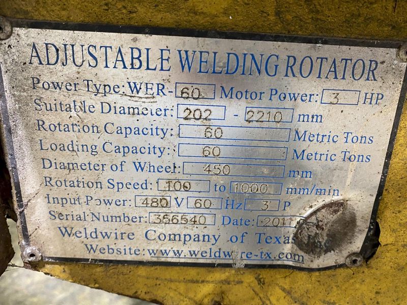 60 TON WELDWIRE MODEL #WER-60  POWERED TANK TURNING ROLLS WITH IDLER: STOCK #16904
