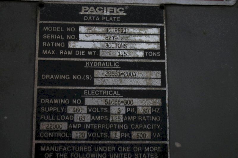 300 TON PACIFIC PRESSFROMER II HYDRAULIC C FRAME PRESS : STOCK #76330