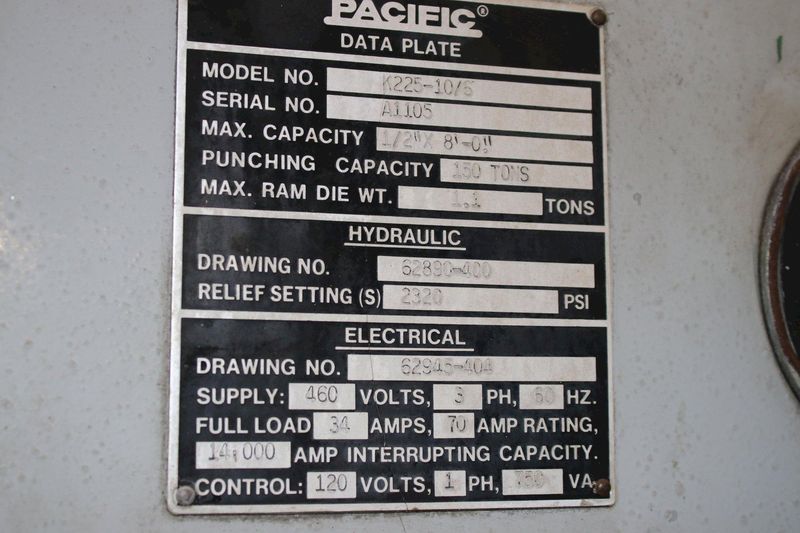 225 TON X 10' PACIFIC HYDRAULIC PRESS BRAKE: STOCK #76324
