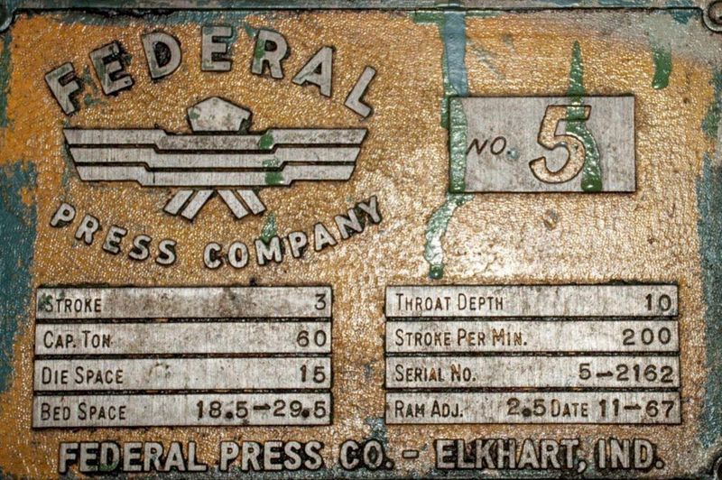 60 TON FEDERAL MODEL #5 OBI PRESS, 3" STROKE: STOCK #15352