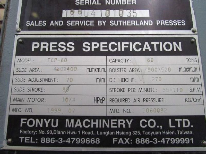 66 TON SUTHERLAND MODEL FCP-60 OBS GAP FRAME PRESS