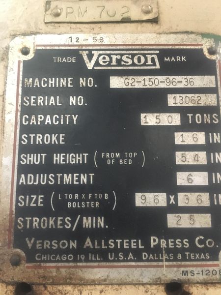 150 TON VERSON DOUBLE CRANK GAP FRAME PRESS