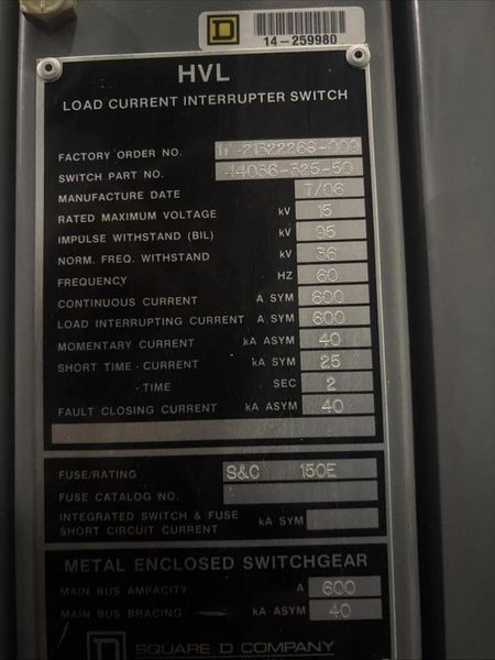 15kv Square D Hvl Load Current Interrupter Switch 600 Amp Fusable