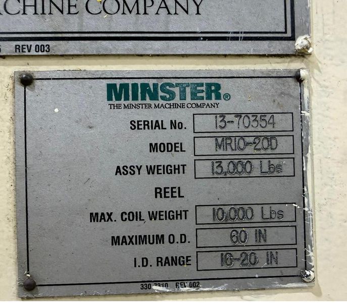 Used Minster Servo Coil Feed Line - 20 inch x 10,000 lbs. x .110" Thickness Capacity, Year 1996