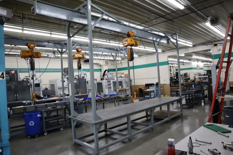Overhead Hoist & Crane Specialists Heavy Duty Steel Mold Table with Overhead Hoist System, Harrington 2 Ton Electric Chain Hoist, I Beam, Trolley- Auction Item