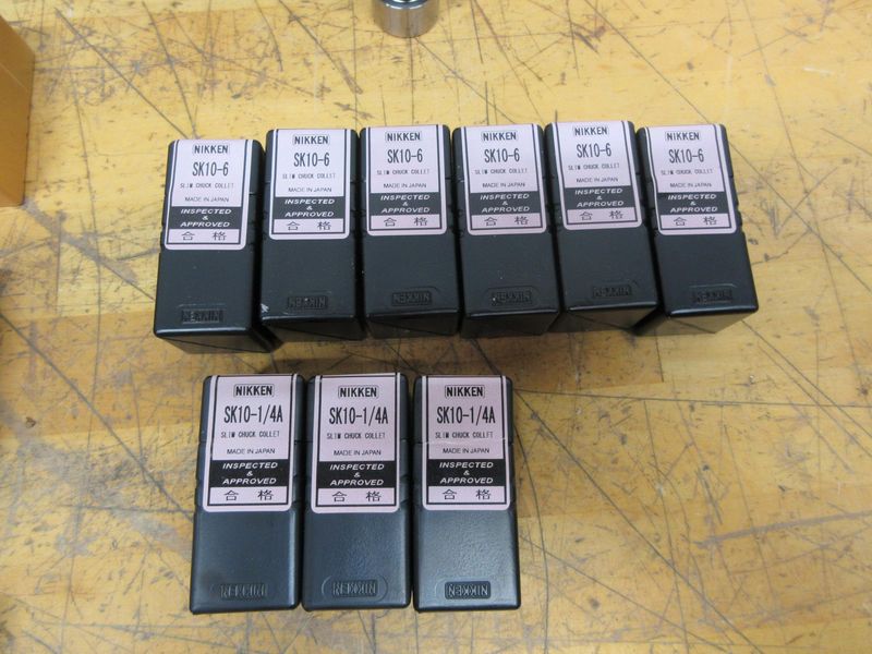 Nikken HSK32E Slim Chuck SK10 Collet Tool Holders (7 pcs), with (25) Various Size SK10 Collets, **Collets New In Packages**- Auction Item