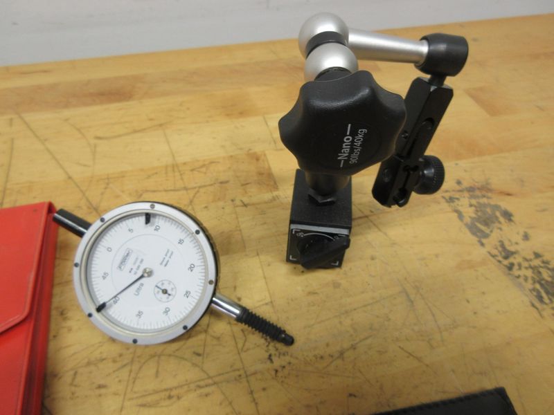 Etalon 14" Vernier Caliper, (2) Mitutoyo Protractors, Fowler 1" Travel Indicator, Mag Base Indicator Holder, SPI Radius and Surface Finish Gages- Auction Item