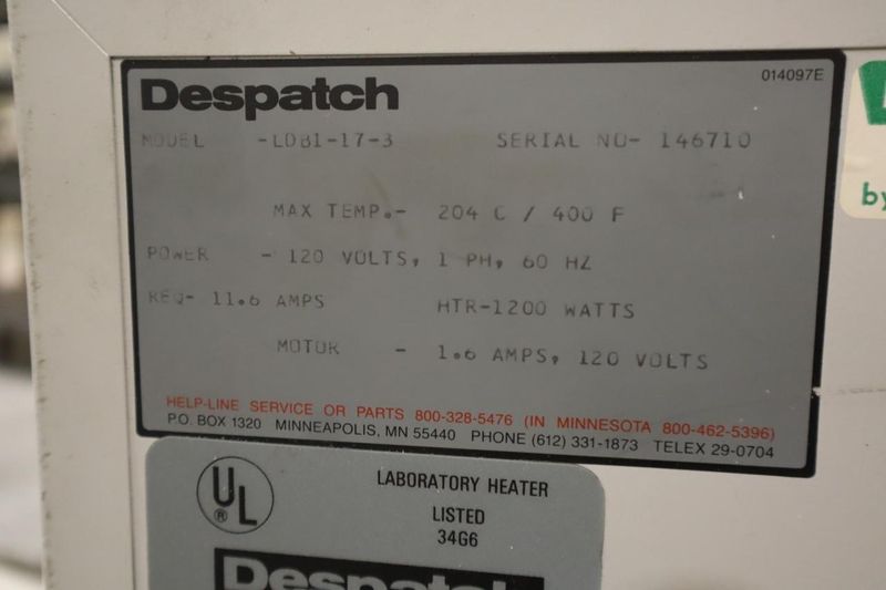 Despatch LDB1-17 Electric Forced Air Lab Oven, 400 Deg F Max, 17.5 Cu Ft Chamber, Controls, Single Phase- Auction Item
