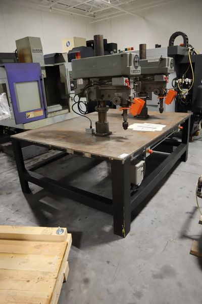 Clausing Model 2236 20" Drill Presses (2) on Steel Table, 2-Speed Motors, Hand Quill Feeds, Jacobs Drill Chucks, Safety Shields- Auction Item
