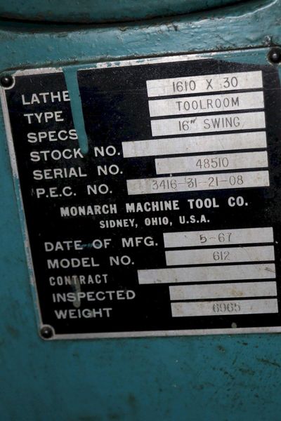 16-1/2" X 30" MONARCH MODEL #612 ENGINE LATHE: STOCK #73618