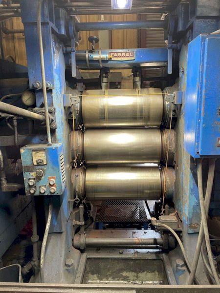 24" X 10" FARREL 4-ROLL "INVERTED L" RUBBER CALENDER ROLLING MILL WITH PAYOFF: STOCK #17226