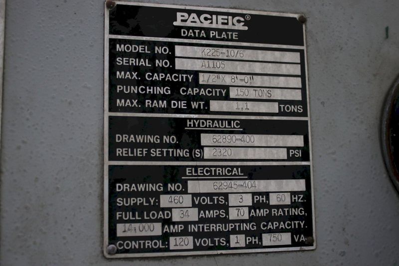225 TON X 10' PACIFIC HYDRAULIC PRESS BRAKE: STOCK #76324