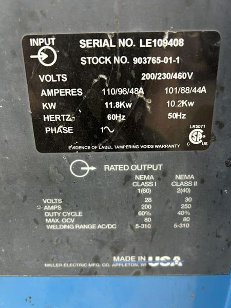 Miller Syncrowave 250 DX Tig / Stick Welder, 1PH