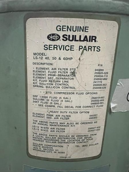 50 HP Sullair Screw Type Air Compressor