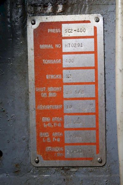 400 ton Bliss SC2-400-84-48 Used Straight Side Double Crank Mechanical Metal Stamping Press, Yea