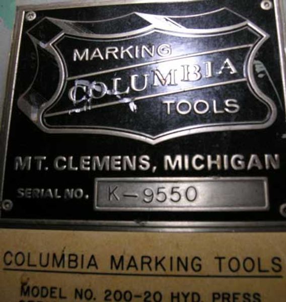 MODEL 200-20 COLUMBIA MARKING TOOLS ELECTRIC TAG HYDRAULIC EMBOSSING PRESS