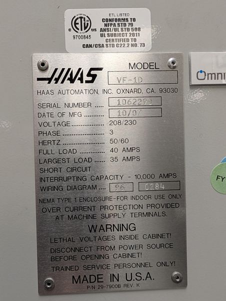 Haas VF-1D CNC Vertical Machining Center, Haas Coldfire CNC Control, 10,000 RPM, 20 ATC, LESS THAN 3000 SPINDLE HOURS- Auction Item