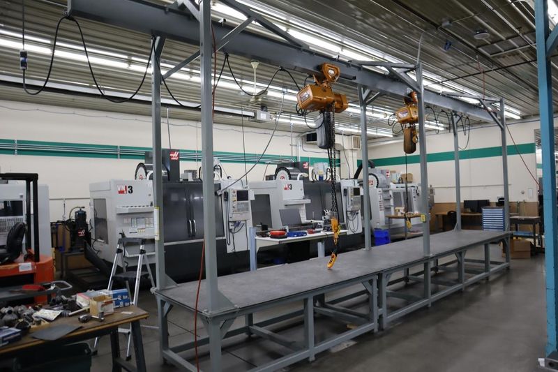Heavy Duty Steel Mold Table with Overhead Hoist System, Harrington 3 Ton and 2Ton Electric Chain Hoists, I Beam, Trolleys- Auction Item