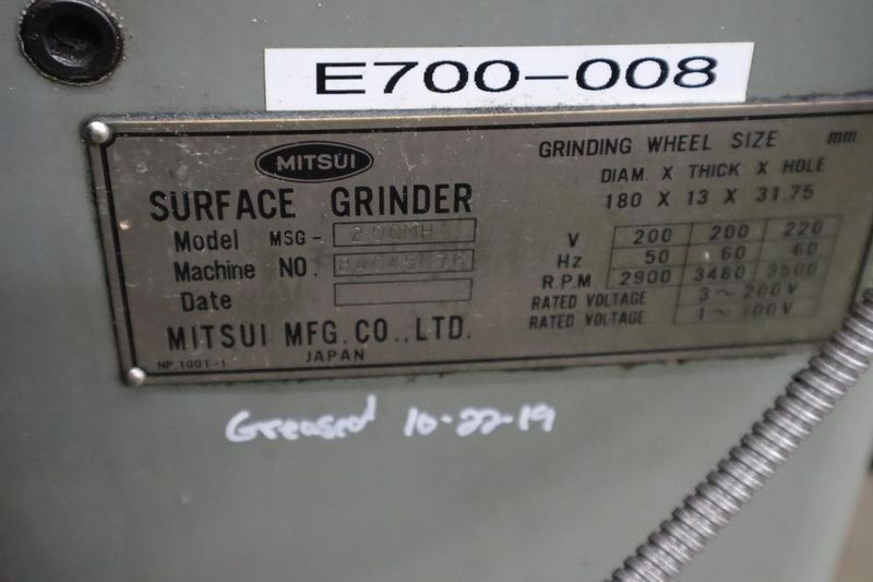 Mitsui High-Tech MSG-200MH Hand Feed Surface Grinder, Mitutoyo KA-200 2-Axis DRO, 6"x12" Fine Pole Chuck, Coolant- Auction Item
