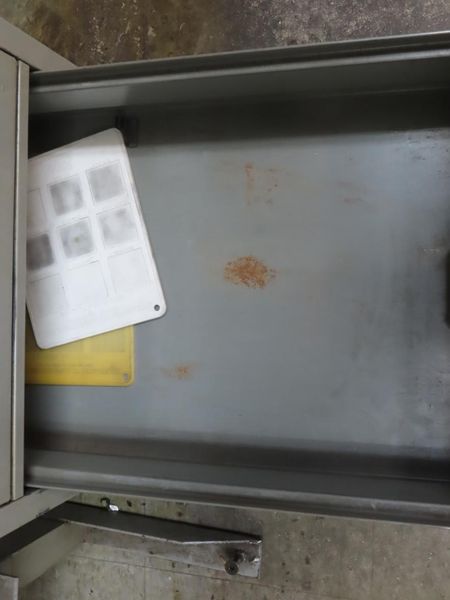Metal Work Desk with Drawers w Sliding Door and Contents w Light- Auction Item