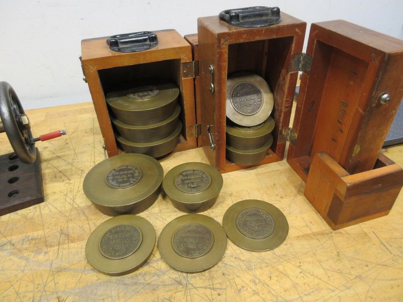Star Brass Mf'g Co. ***Antique*** Single Range Deadweight Gage Tester with 74.5 Lbs of Brass Weight Sets in Original Wooden Boxes- Auction Item
