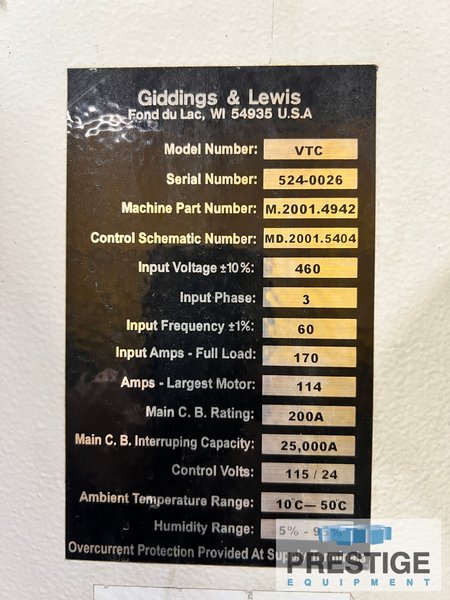 63" Giddings & Lewis, VTC-1600, 26 ATC, 78" Turning Diam., 85" U/RF, 69" Ram Stroke, 400 RPM, 100 HP, Fanuc 160i, #43313