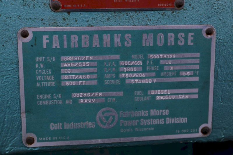 500 KW FAIRBANKS MORSE MODEL 500T-12V STAND BY DIESEL GENERATOR: STOCK