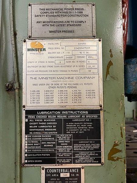 250 Ton MINSTER E2-250-72-36 Hevi-Stamper Straight Side Mechanical Metal Stamping Press, New 198