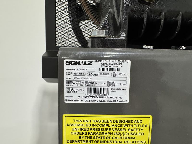Schulz 15120VW60X-3 15 HP Piston Air Compressor (New)