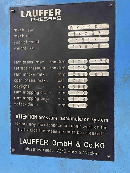 176 TON LAUFFER HYDRAULIC PRESS