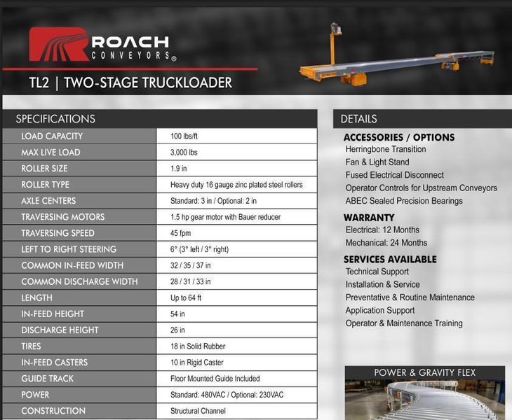 64 FT X 35" ROACH MODEL #TL2 TRUCKLOADER TWO-STAGE POWERED TELESCOPING ROLLER CONVEYOR: YOBRO #2