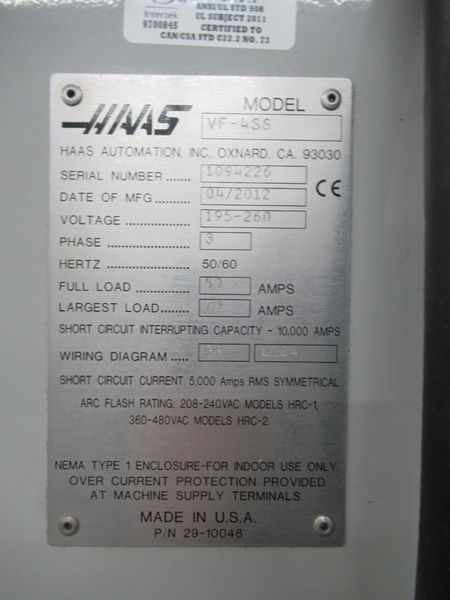 Haas VF-4SS CNC Vertical Machining Center, 50"x20"x25", 12K Spindle, 4th-Axis Drive, Chip Auger, LOW HOURS!