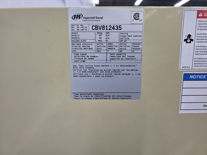 Ingersoll Rand RS15NE-A145 20 HP Variable Speed Rotary Screw Air Compressor (3,078 Hours)