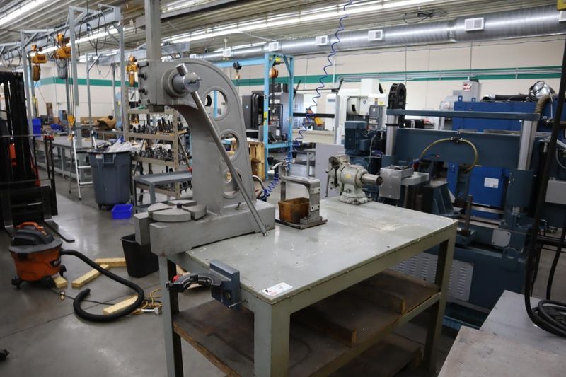 Arbor Press, E-Z Tapper and Bench Vise on Steel Table- Auction Item