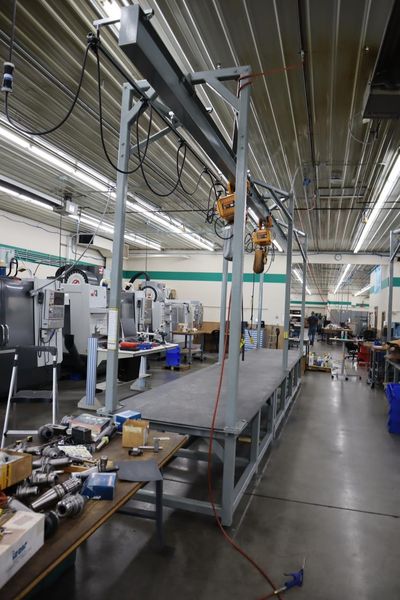 Heavy Duty Steel Mold Table with Overhead Hoist System, Harrington 3 Ton and 2Ton Electric Chain Hoists, I Beam, Trolleys- Auction Item