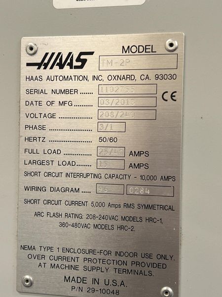HAAS VERTICAL MACHINING CENTER, MODEL TM-2P, 57.75" x 10.5" TABLE, CT 40, 6000 RPM, 2013