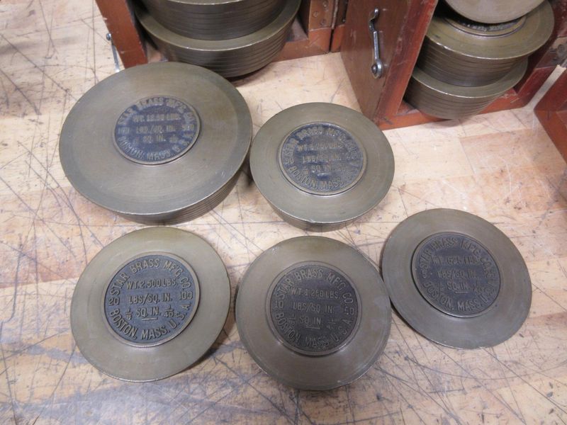 Star Brass Mf'g Co. ***Antique*** Single Range Deadweight Gage Tester with 74.5 Lbs of Brass Weight Sets in Original Wooden Boxes- Auction Item
