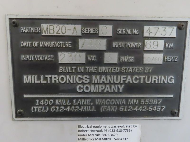Milltronics MB20-A CNC Vertical Machining Center, Centurion 6 CNC Control, 40"x20"x24" Travels, 40 Taper- Auction Item