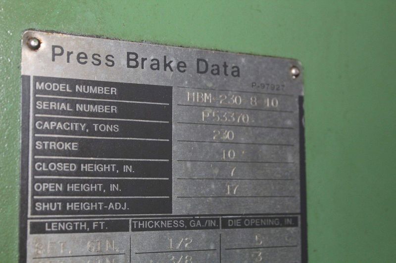 230 TON X 10' NIAGARA MODEL HBM 230-8-10 HYDRAULIC BRAKE: STK #71252