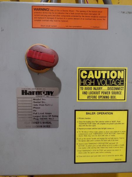 HARMONY MODEL #M60STD DOWNSTROKE HYDRAULIC BALER: STOCK #18796