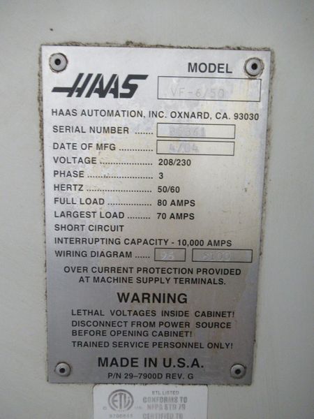 Haas VF-6/50 50-Taper CNC Vertical Machining Center with 4th Axis Drive, Through Spindle Coolant, Probing System, 30 Station Twin-Arm ATC